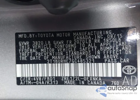 2016 Toyota Corolla Le из США, поврежденный, VIN 2T1BURHE7GC485321